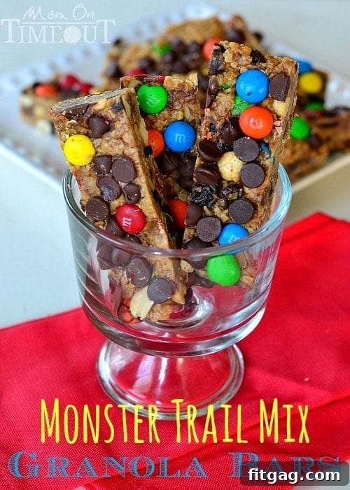 Monster Trail Mix Granola Bars - Easy 10-Minute No-Bake Recipe for Busy Families Delicious no-bake Monster Trail Mix granola bars ready to eat, featuring chocolate chips and M&Ms