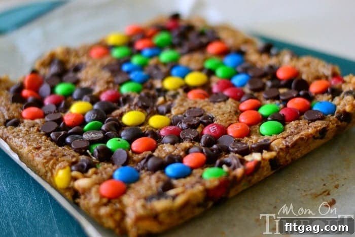 Easy No-Bake Granola Bars with Monster Trail Mix - A Family Favorite Recipe Close-up of Monster Trail Mix Granola Bars, highlighting the M&Ms and chocolate chips
