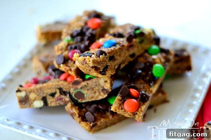 Best No-Bake Granola Bars for Kids and Adults - Quick & Easy Recipe Homemade Monster Trail Mix Granola Bars topped with colorful M&Ms and chocolate chips