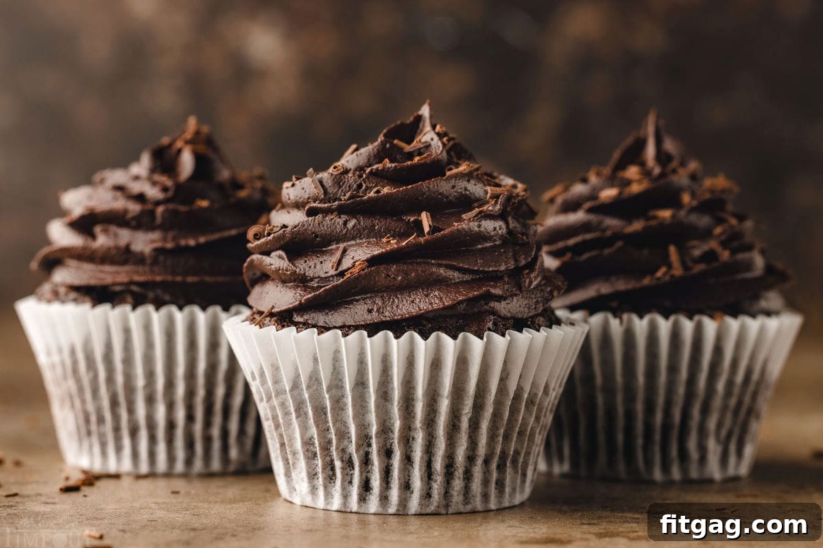 Three perfectly piped chocolate cupcakes, still in their white parchment paper liners, neatly lined up in a row.