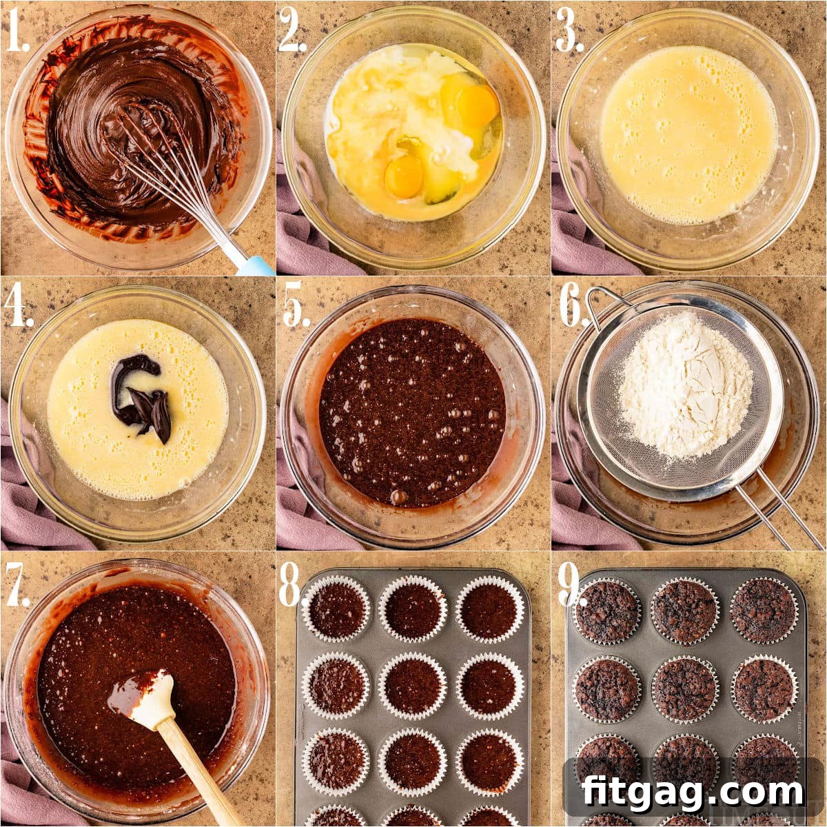 A nine-image collage demonstrating the step-by-step process of how to make chocolate cupcakes from scratch.