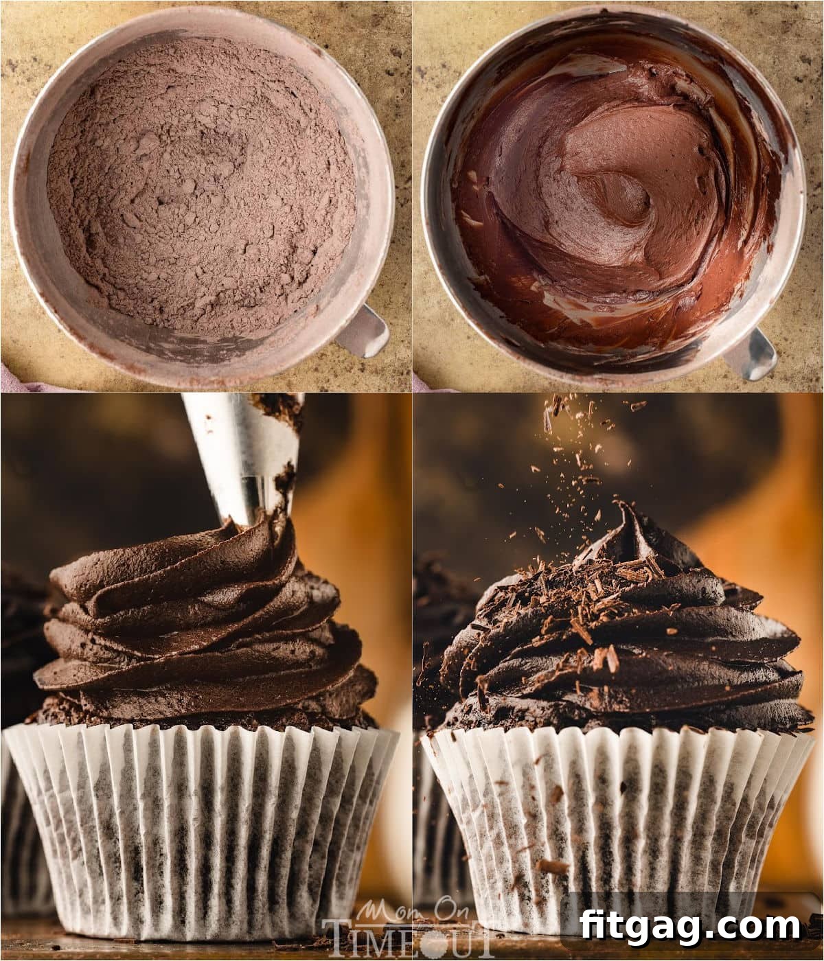 A four-image collage illustrating the process of making chocolate buttercream and how to frost cupcakes professionally.