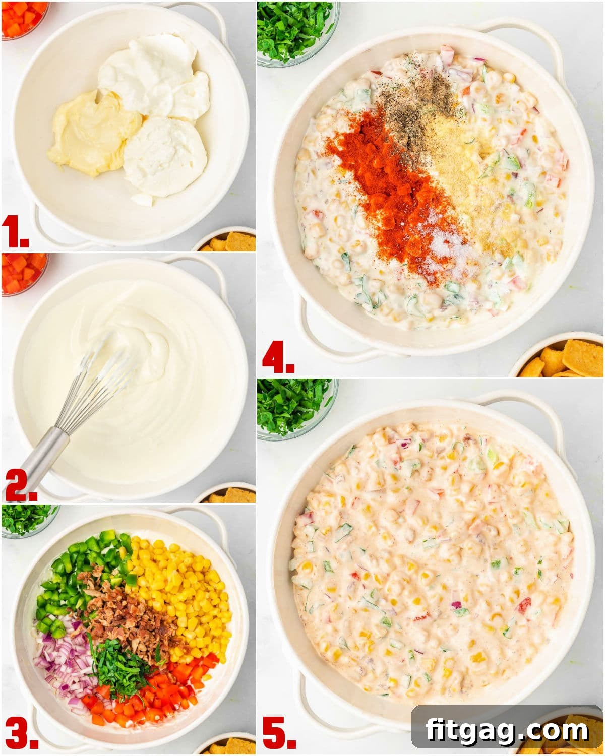 Creamy Corn Delight 4 five image collage showing how to make corn dip step by step.