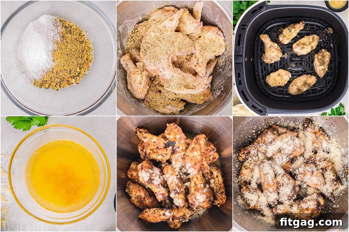Crispy Garlic Parmesan Wings 4 A six-image collage illustrating the step-by-step process of preparing crispy garlic parmesan wings, from seasoning to final coating.