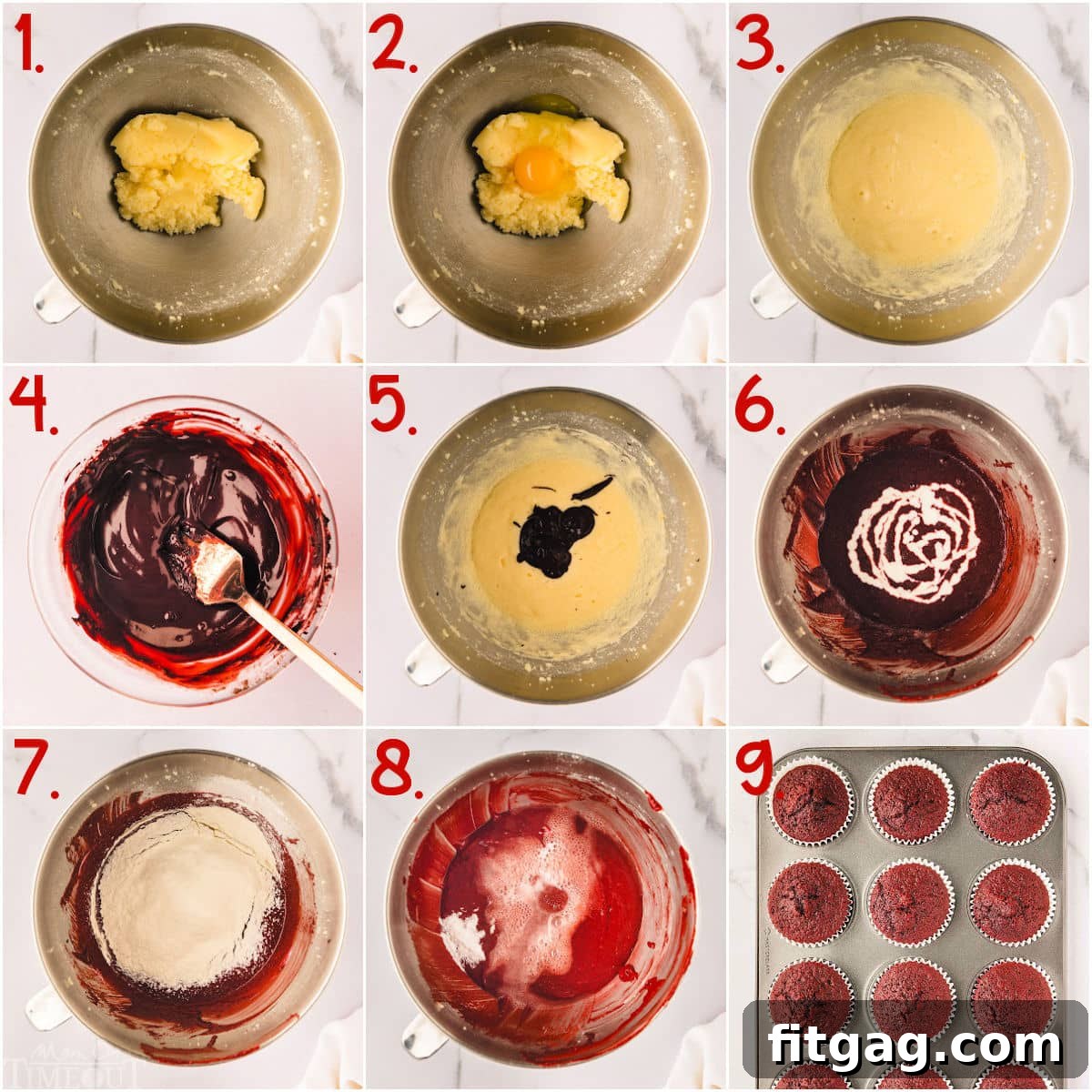 A nine-image collage demonstrating the step-by-step process of making red velvet cupcakes, from mixing ingredients to placing them in the oven.