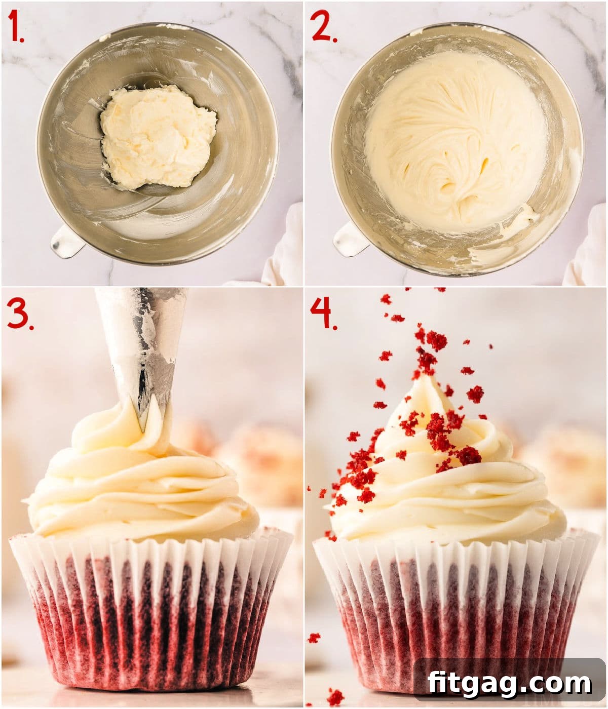A four-image collage showing the process of making cream cheese frosting and applying it to red velvet cupcakes, illustrating the transformation from plain cupcake to frosted delight.