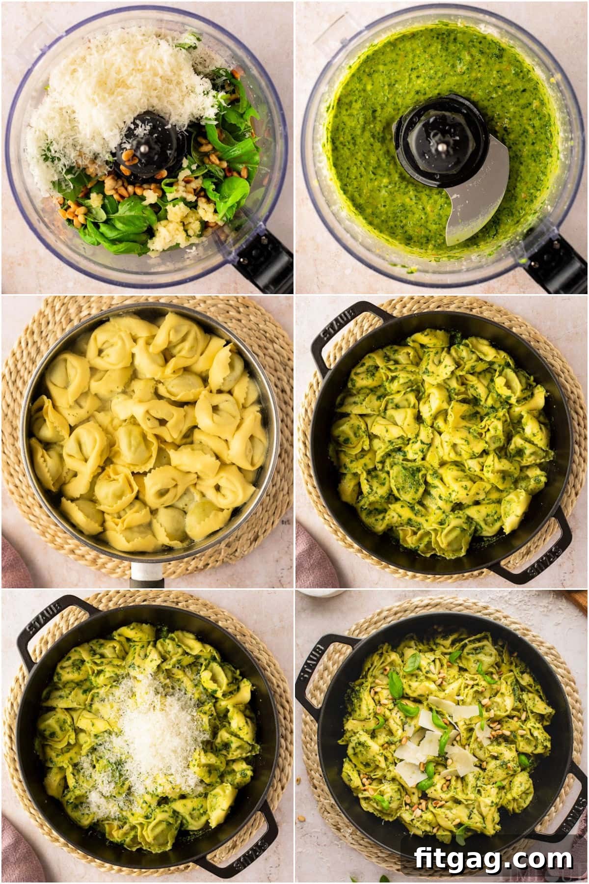 Creamy Pesto Tortellini Delight 5 six image collage showing how to make fresh basil pesto and prepare the pesto tortellini.