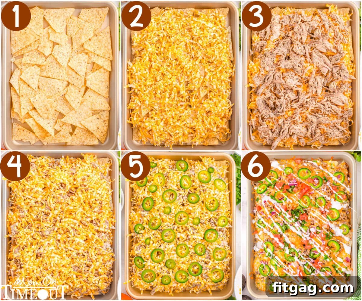 A vibrant six-image collage illustrating the step-by-step preparation process of the pulled pork nachos recipe, from layering ingredients to the final baked result.