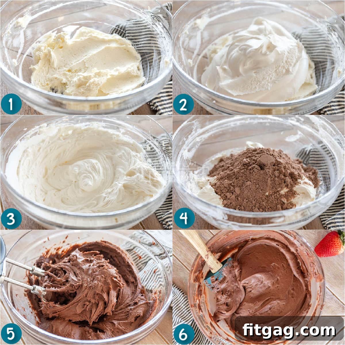 Fudgy Brownie Dip 4 A six-image collage illustrating the step-by-step process of making irresistible brownie batter dip, from heating the mix to the final mixing and serving suggestions.