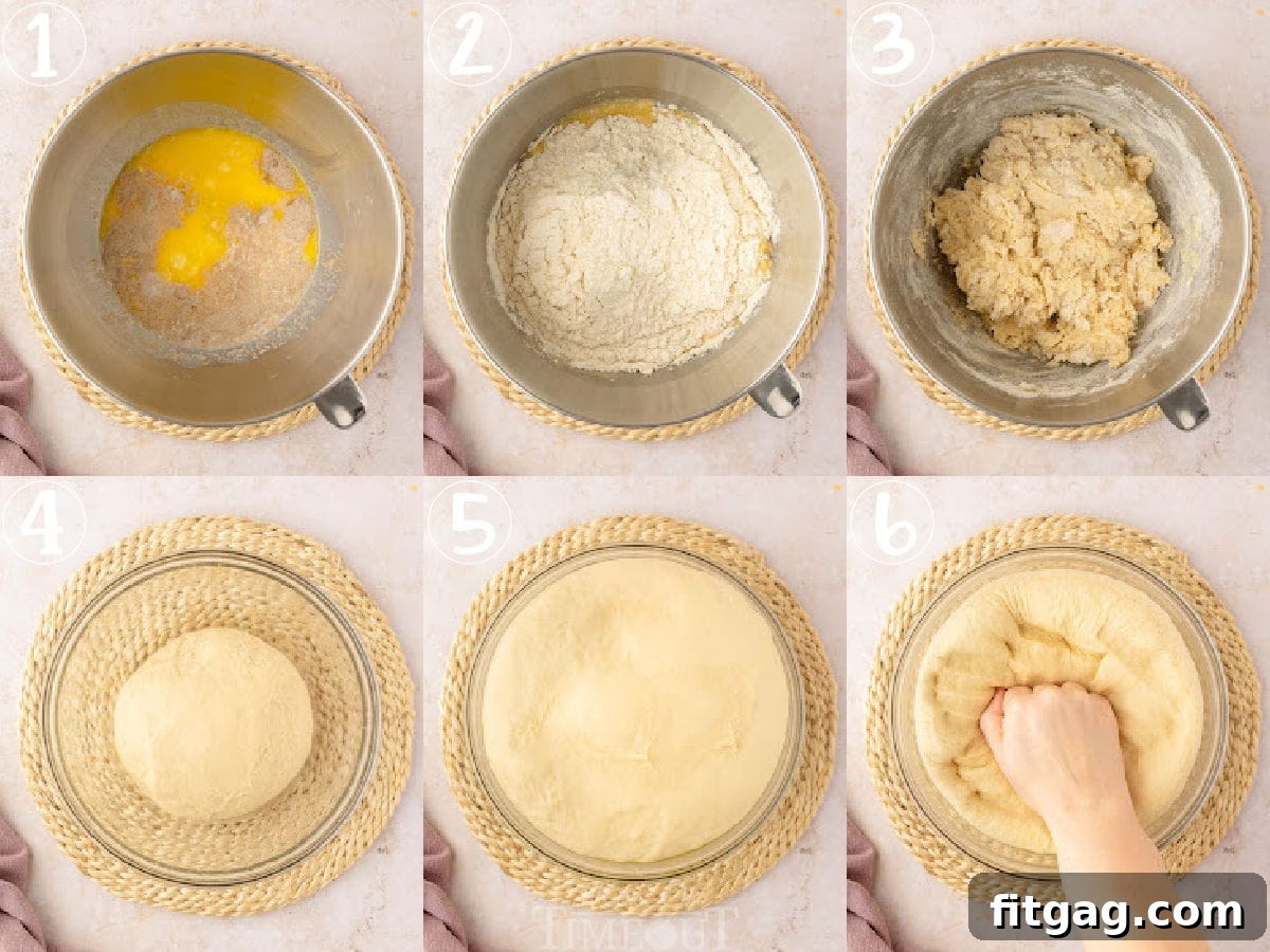 Colossal Cinnamon Swirl Cake 5 six image collage showing how to make the cinnamon roll cake dough.