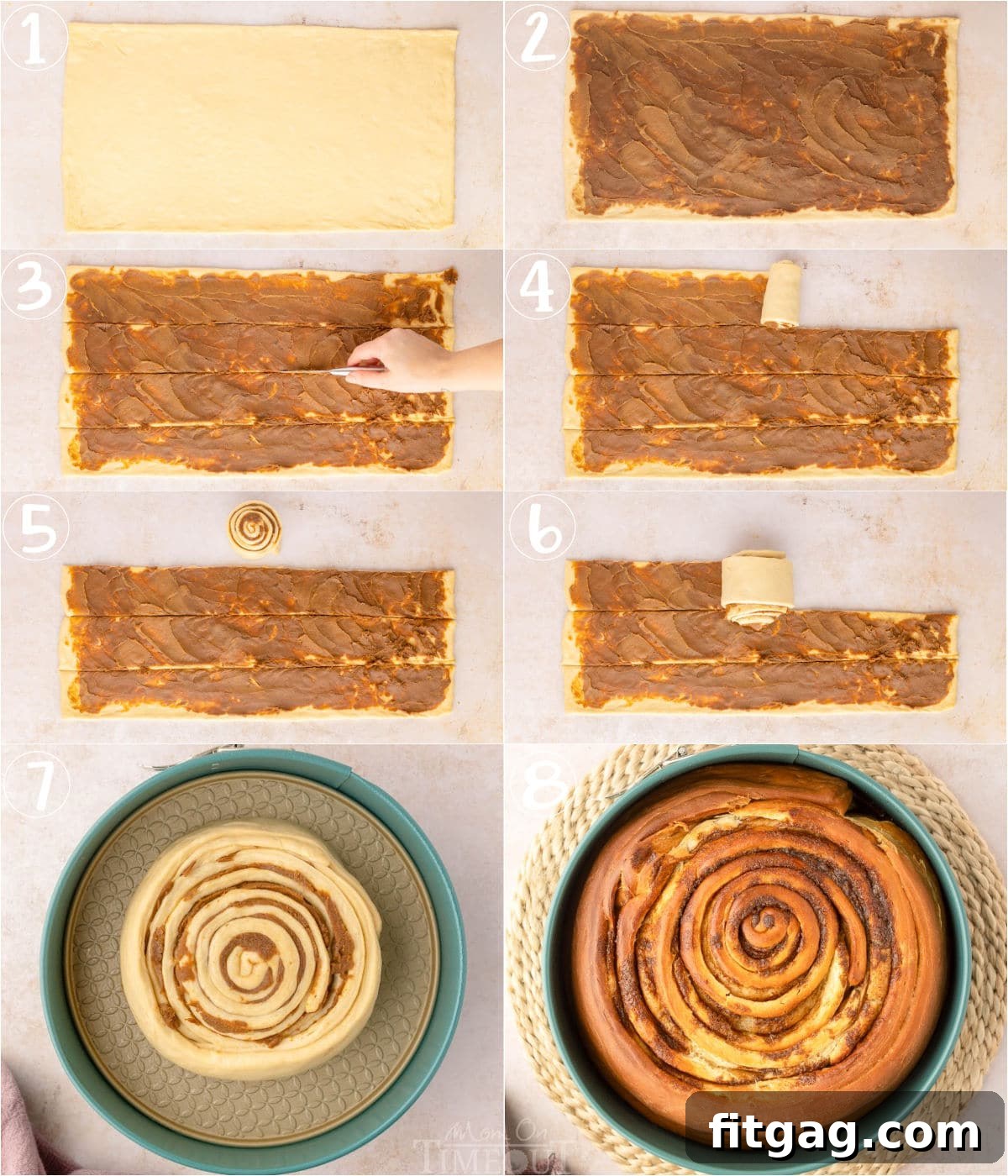 Colossal Cinnamon Swirl Cake 6 eight image collage showing how to assemble the cinnamon roll cake step by step.