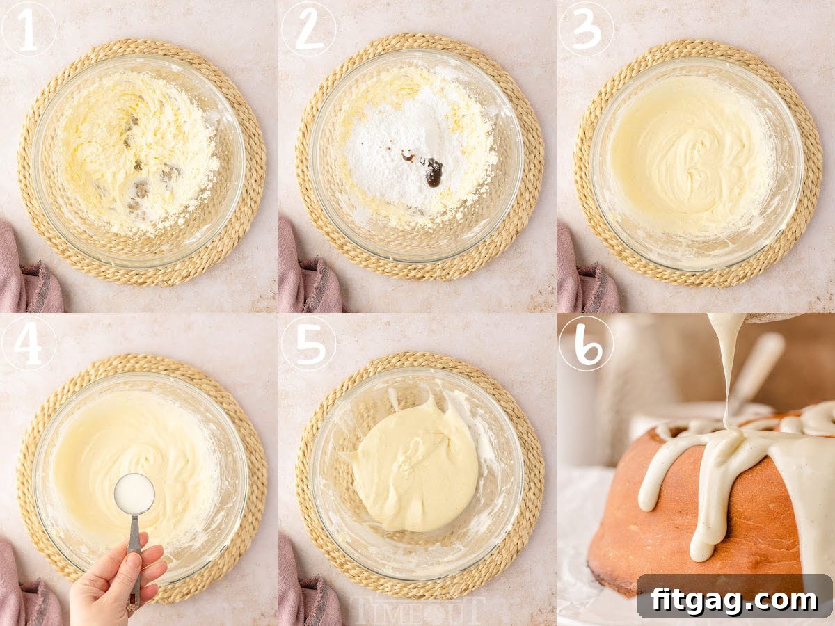 Colossal Cinnamon Swirl Cake 7 six image collage showing how to make the cream cheese glaze and apply it to the cinnamon roll cake.