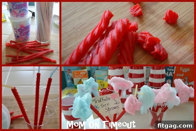 A Seuss-tastic Scoop Fest 11 DIY Truffula Tree straws with cotton candy and Red Vines