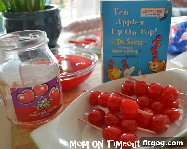 A Seuss-tastic Scoop Fest 15 Maraschino cherries on picks, inspired by Ten Apples Up On Top