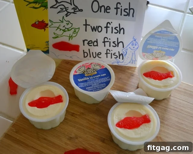 A Seuss-tastic Scoop Fest 17 Vanilla ice cream cups with Swedish Fish for One Fish Two Fish theme