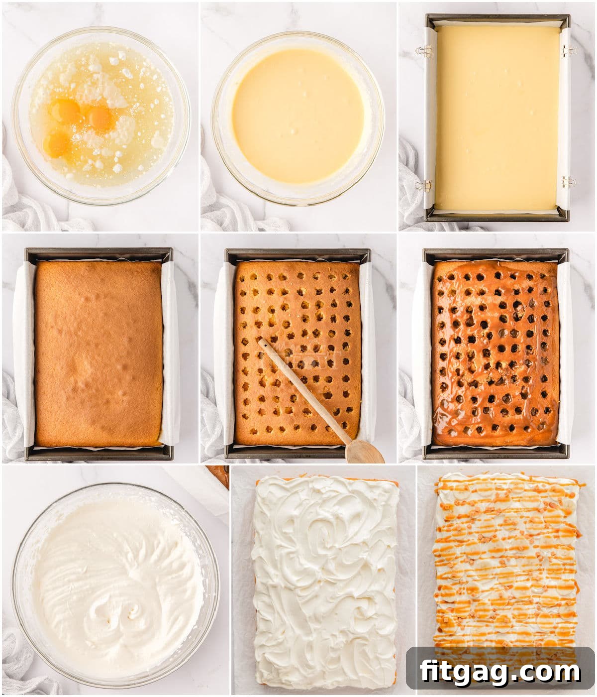 A nine-image collage illustrating the step-by-step process of making Banoffee Poke Cake, from baking the cake to adding the final toppings.
