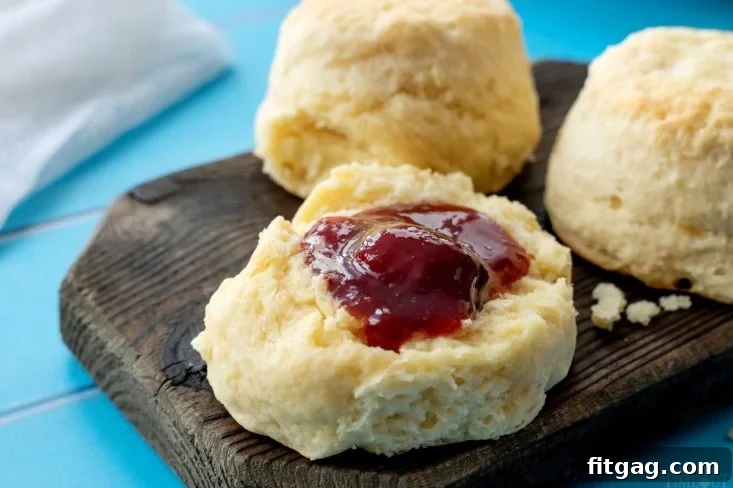 Enjoy Warm, Buttery Biscuits with Your Favorite Toppings Homemade biscuits with butter and jam, ready for breakfast