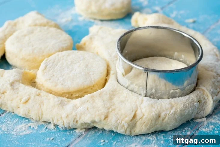 Shaping Perfect Biscuits with a Biscuit Cutter Biscuit dough being cut with a biscuit cutter
