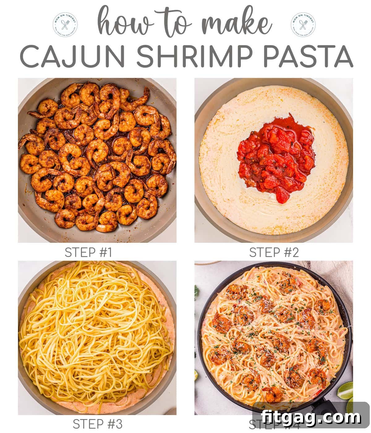A step-by-step visual guide showing a four-image collage of the Cajun Shrimp Pasta making process, from seasoning shrimp to combining with sauce.