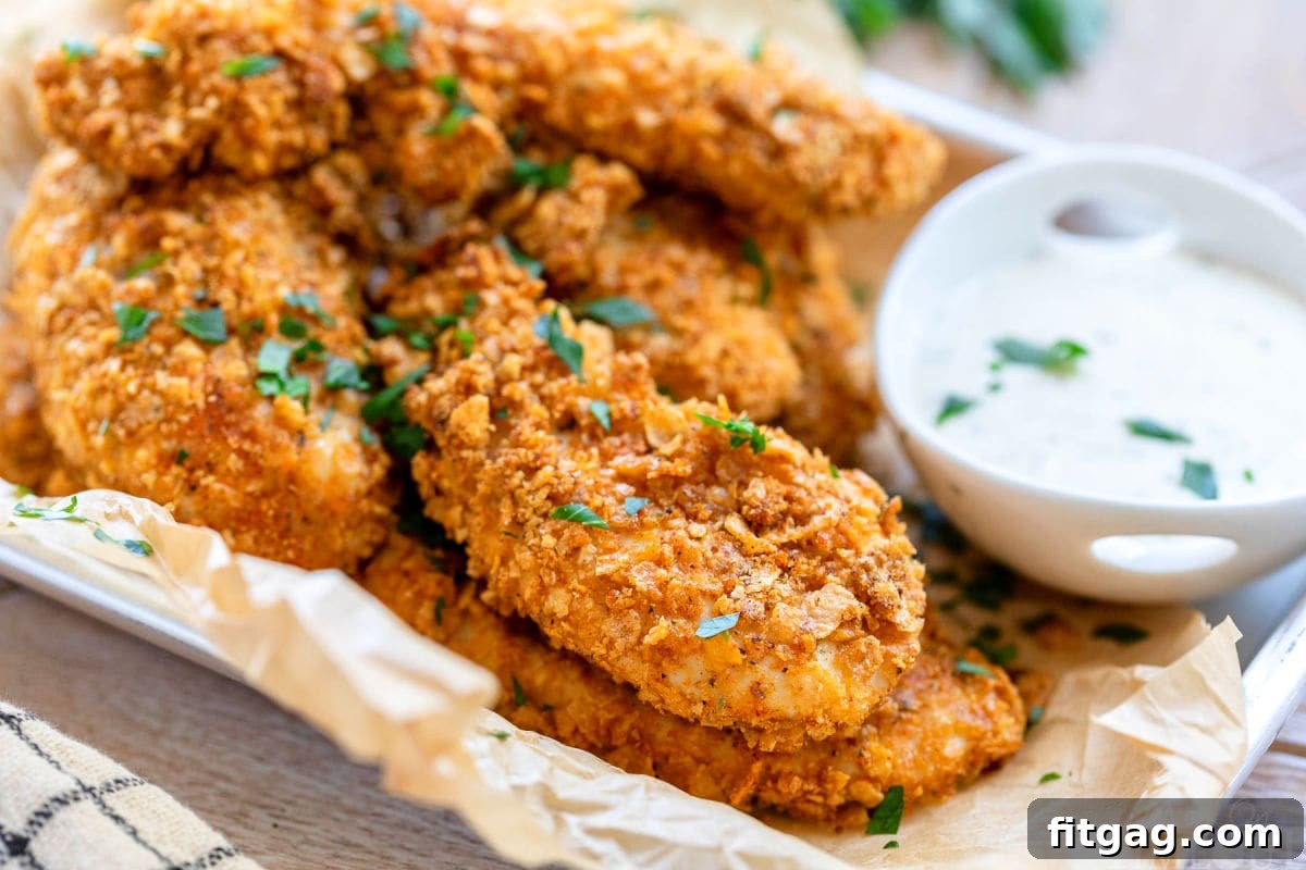 A small baking sheet lined with brown parchment paper, generously piled with golden-brown cornflake chicken strips. A small bowl of creamy ranch dipping sauce sits invitingly beside the chicken.