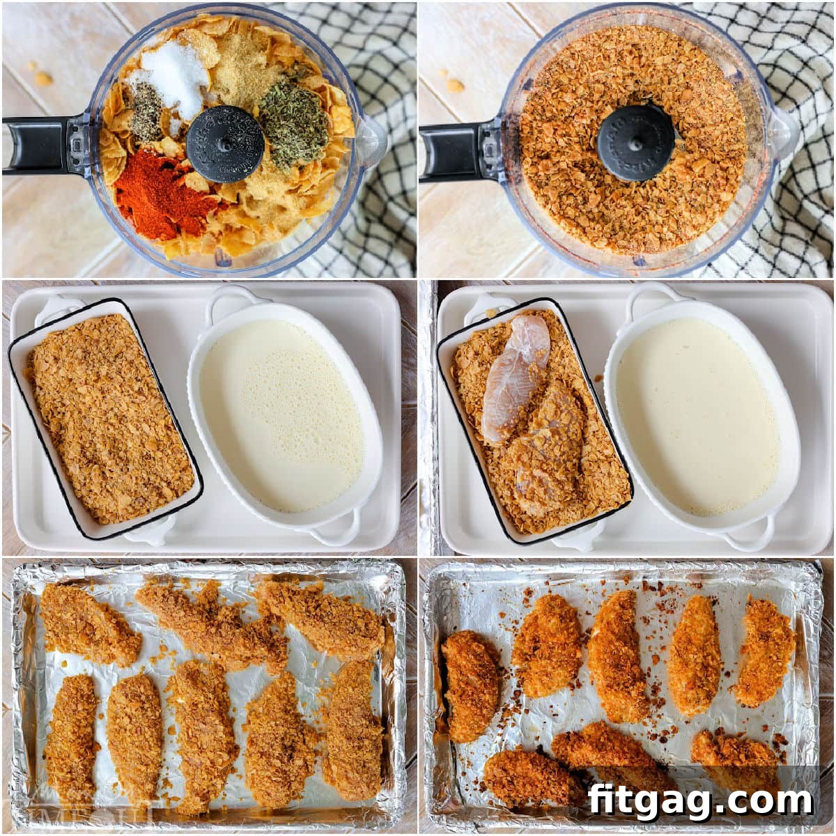 A six-image collage illustrating the step-by-step process of how to make crispy Cornflake Chicken, from coating the chicken to baking it golden.