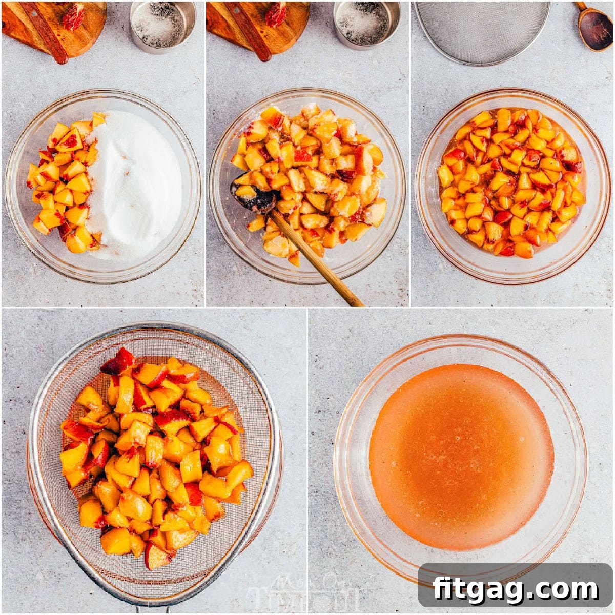 Sun-Kissed Peach Brew 5 five image collage showing how to make peach syrup for peach tea with step by step process shots.