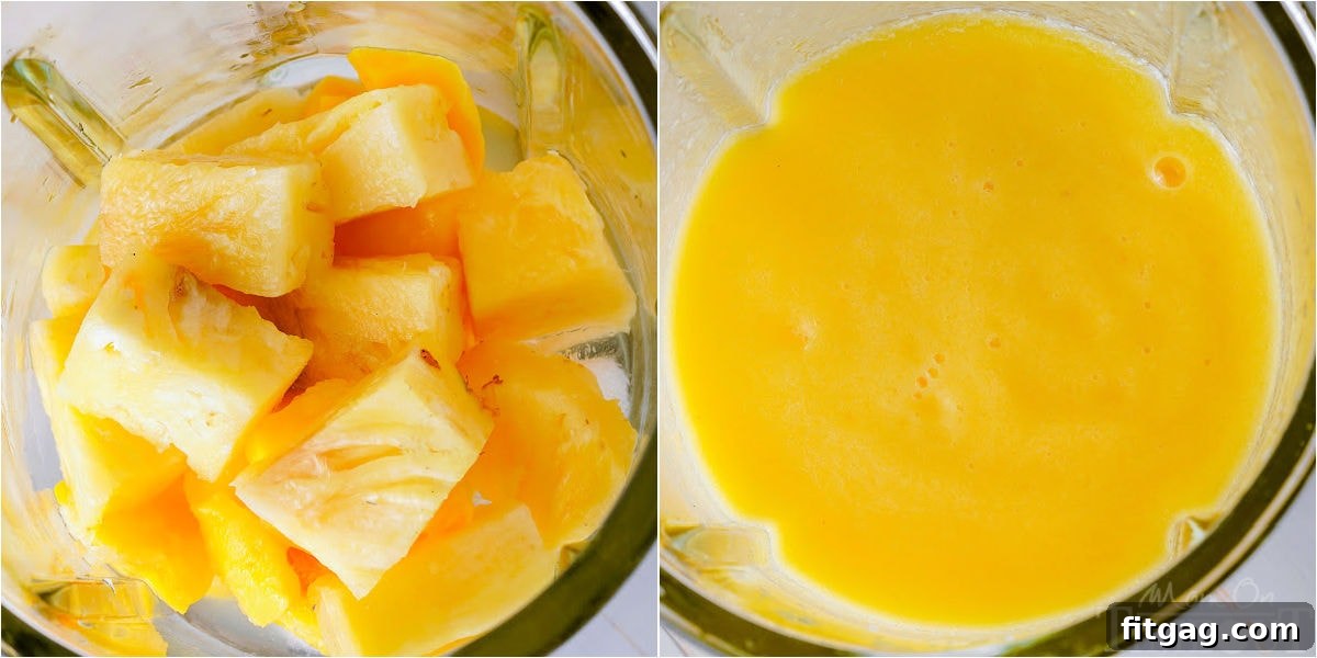 Tropical Bliss Mocktail 4 two image collage showing how to make pineapple mango mocktail step by step.