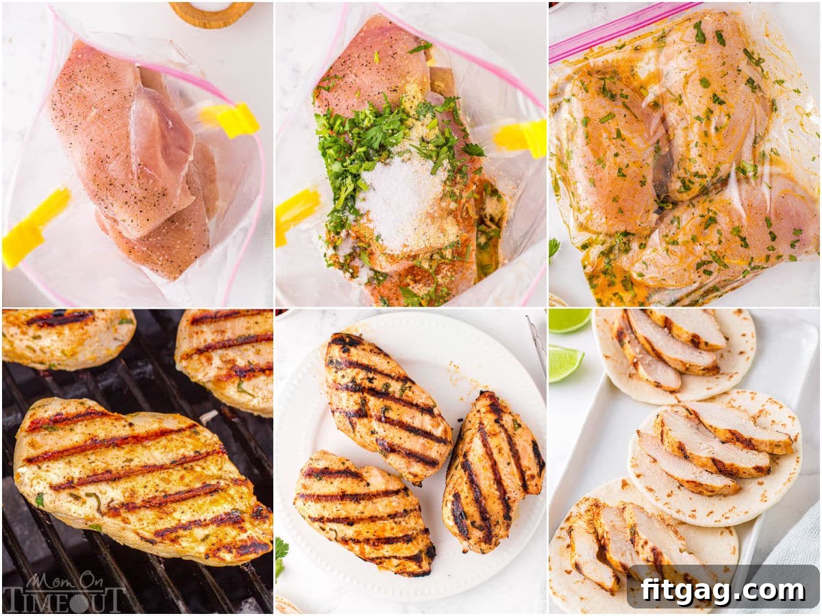 six image collage showing how to make cilantro lime chicken tacos including marinating the chicken. 