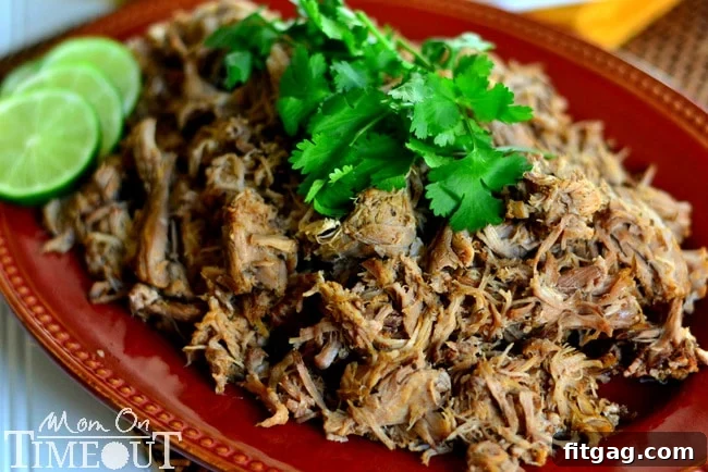Plate of crispy shredded carnitas, ready to serve