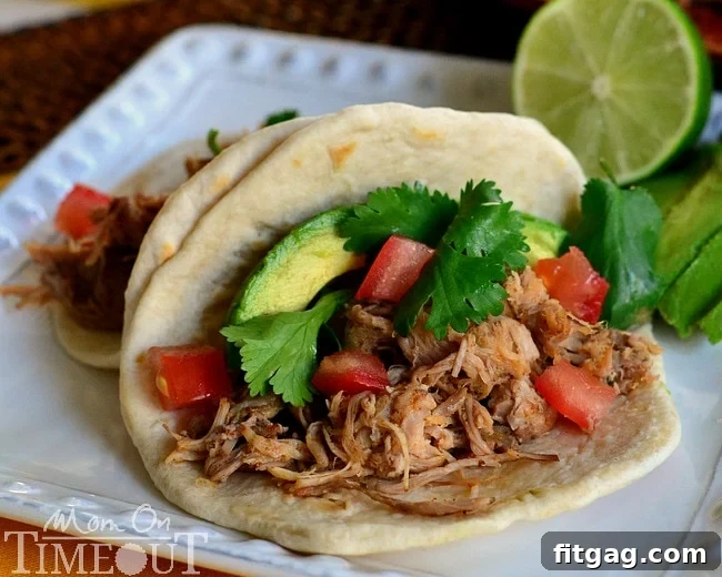 Plated carnitas tacos with fresh toppings