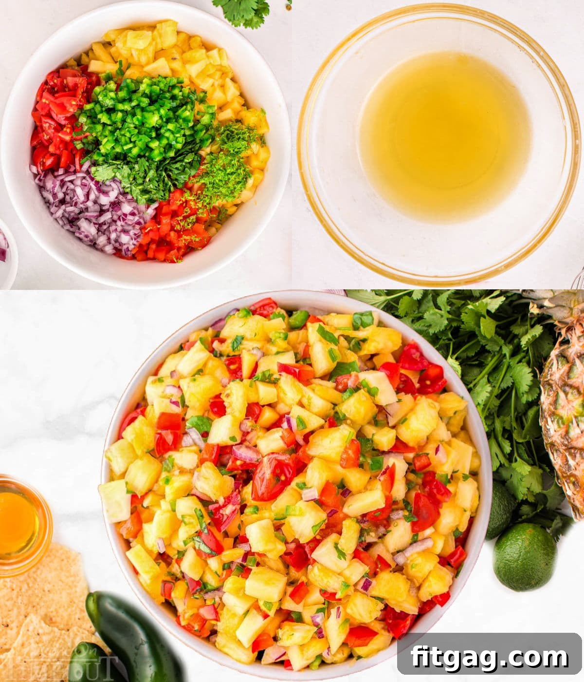 Tropical Pineapple Mango Salsa 4 three image collage showing how to make pineapple mango salsa.