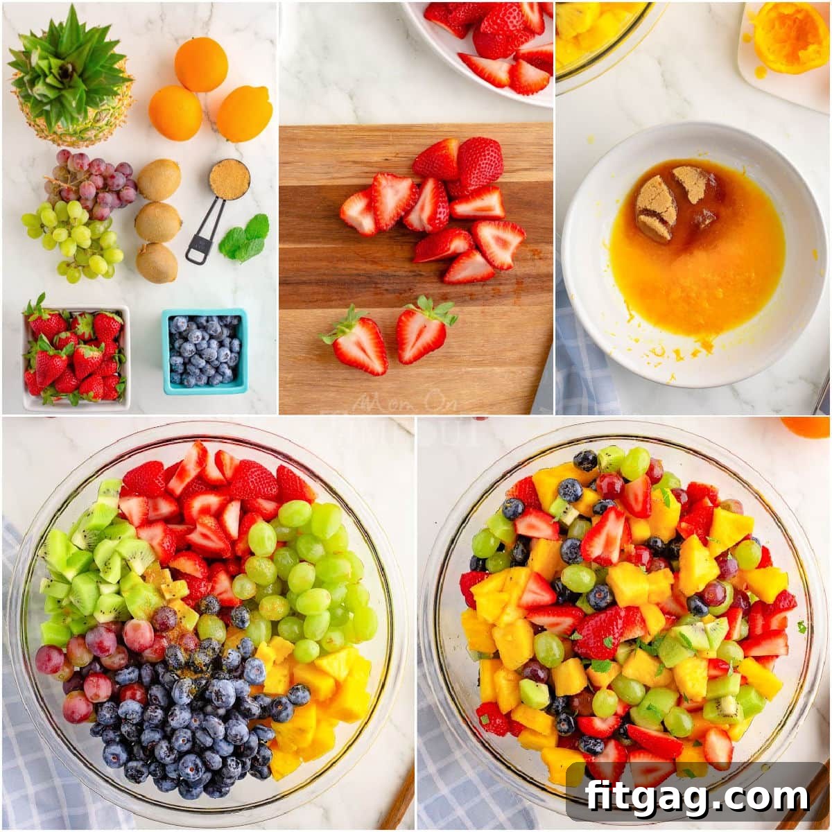 Sunshine Fruit Medley 5 A visual collage showing the step-by-step process of preparing a fresh fruit salad, including mixing the vibrant fruit salad dressing.