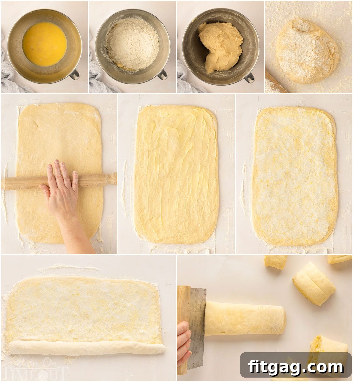 Collage process photos showing how to make lemon rolls.