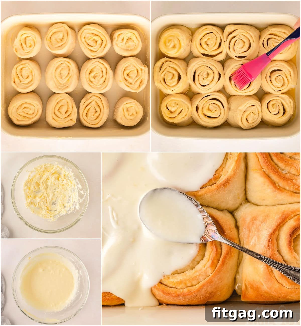 Collage process photos showing how to make lemon rolls.