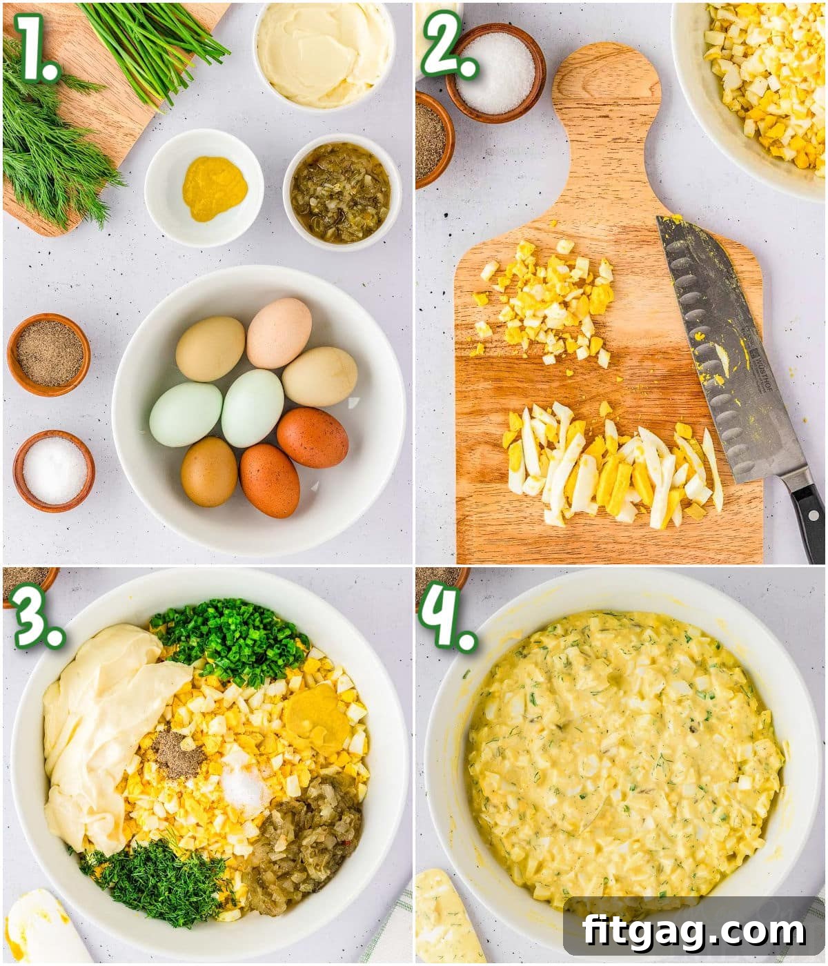 Savory Egg Salad Sensation 4 A visual guide showing the step-by-step process of making egg salad, from chopping eggs to mixing ingredients.
