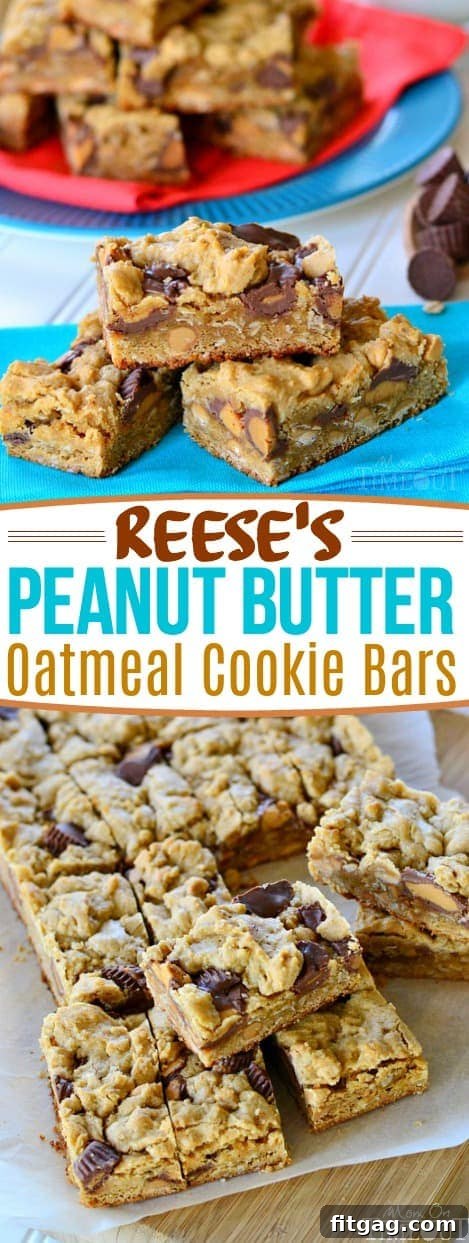 Reese's Peanut Butter Oatmeal Cookie Bars are perfect for the peanut butter lover in your life! These easy oatmeal cookie bars are loaded with peanut butter and Reese's candy for the ultimate treat. This delicious recipe is perfect for an after school snack and makes enough for a party too. I wouldn't dream of serving them without ice cold milk - it's a must!