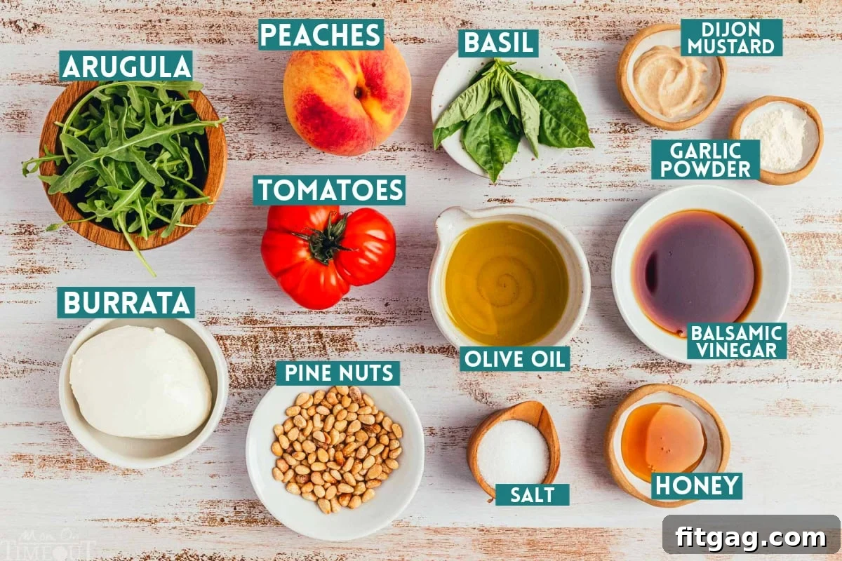 Ingredients for peach salad laid out and ready to be used to assemble the salad, including fresh peaches, tomatoes, burrata, arugula, basil, pine nuts, and balsamic dressing components.