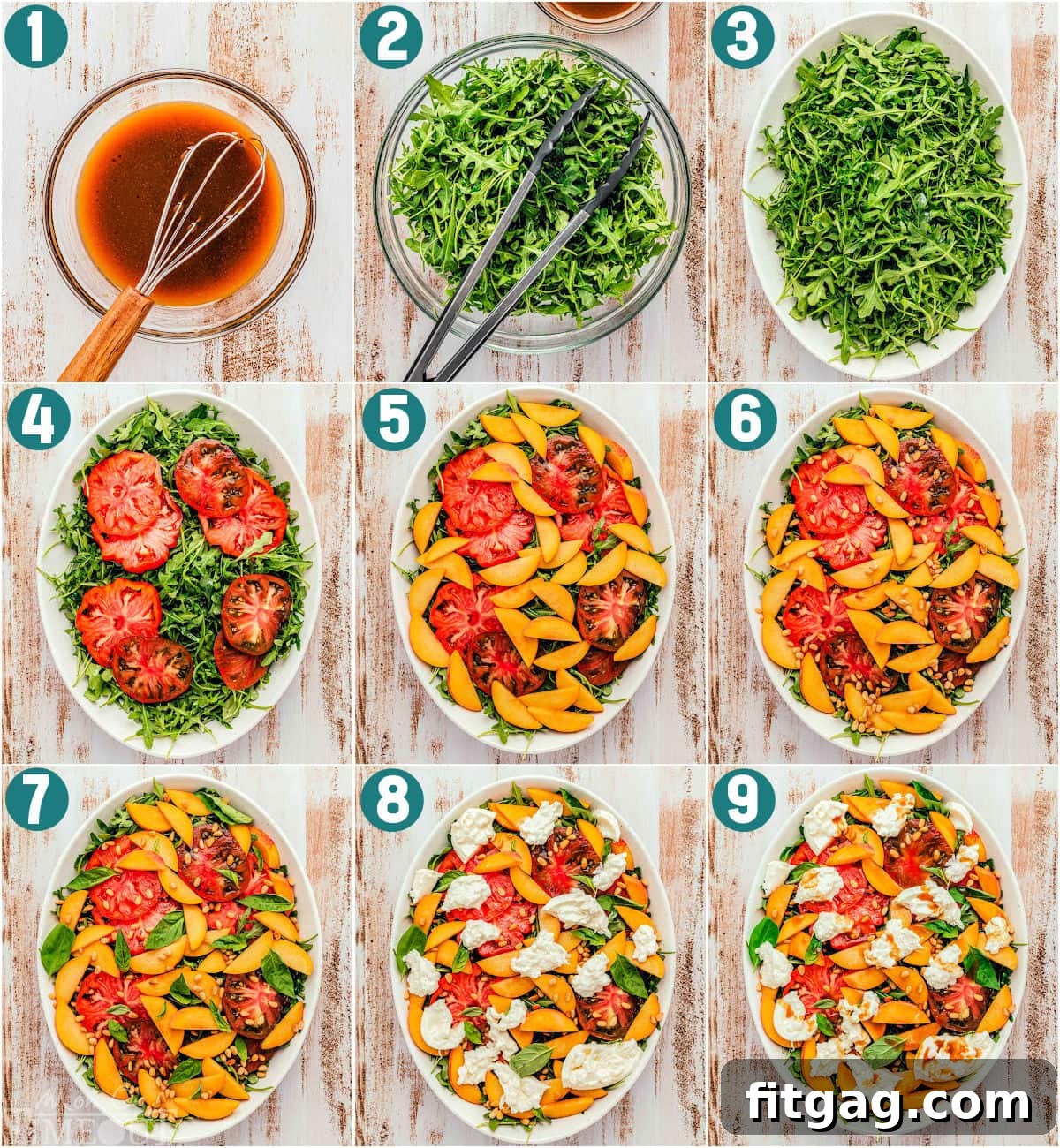 A nine-image collage showing the step-by-step process of how to make peach salad with burrata and balsamic vinaigrette, from preparing ingredients to final assembly.