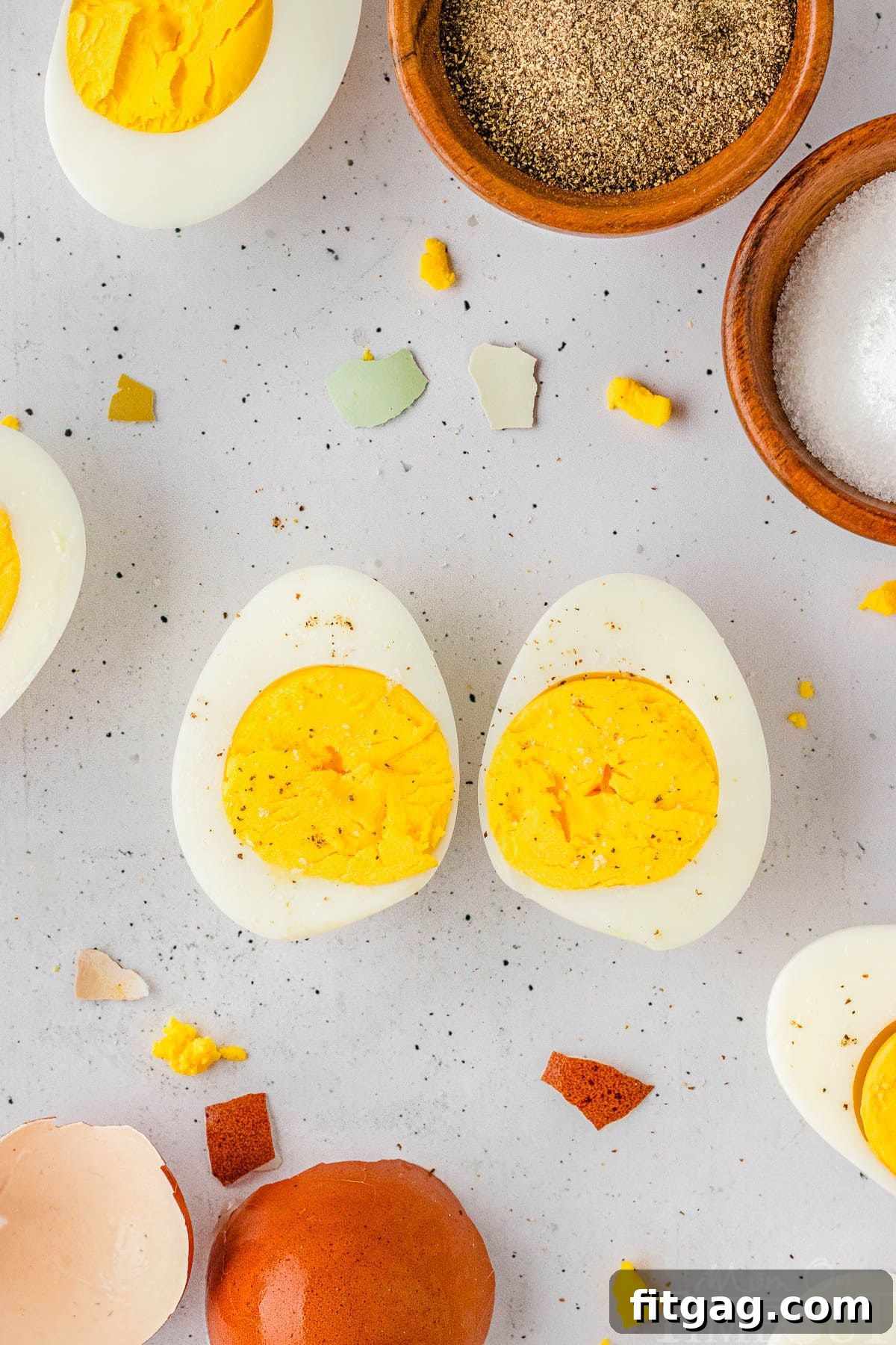 A top down view of a hard boiled egg cut in half.