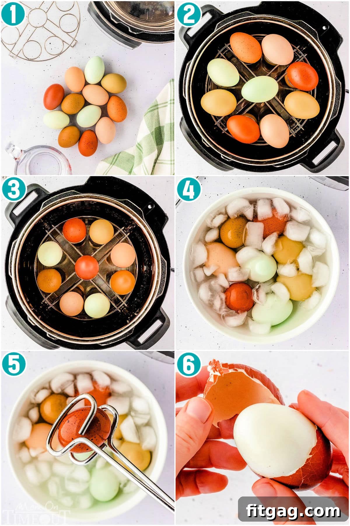 A collage of process shots for making Instant Pot hard boiled eggs.