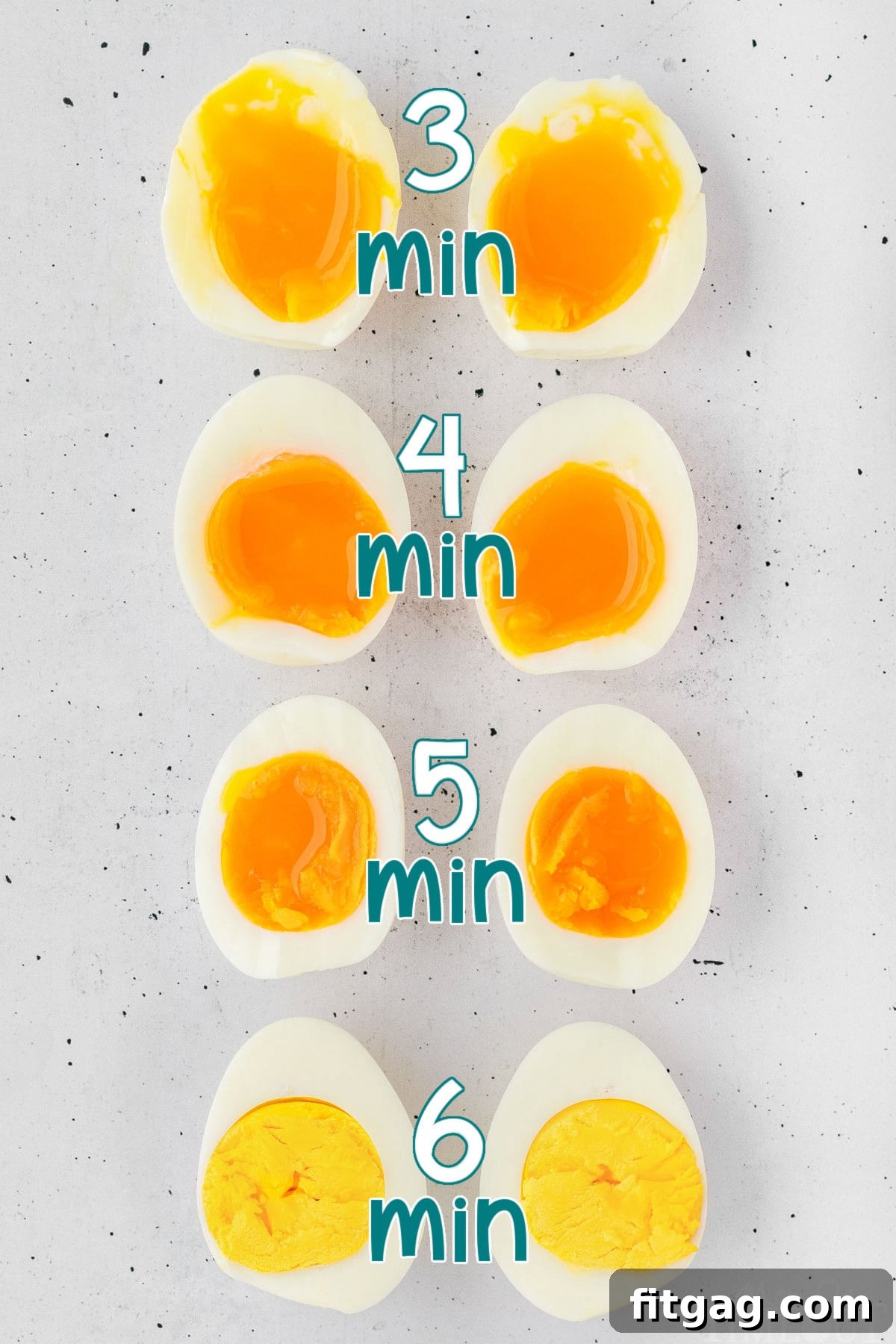Hard boiled eggs cut in half, showing the texture of each egg after different cooking times.