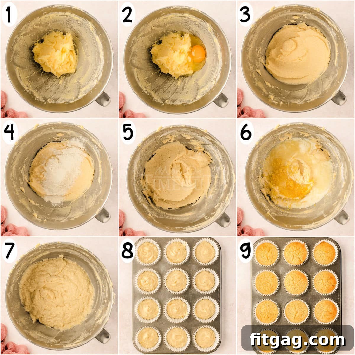 A visual collage showing the step-by-step process of making the lemon cupcake batter, from mixing ingredients to filling the liners.