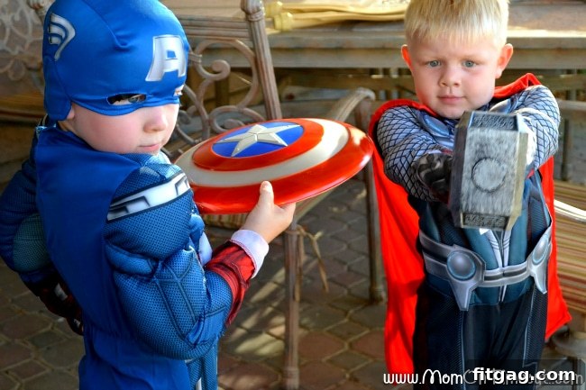 Two young boys dressed as Captain America and Thor for Halloween