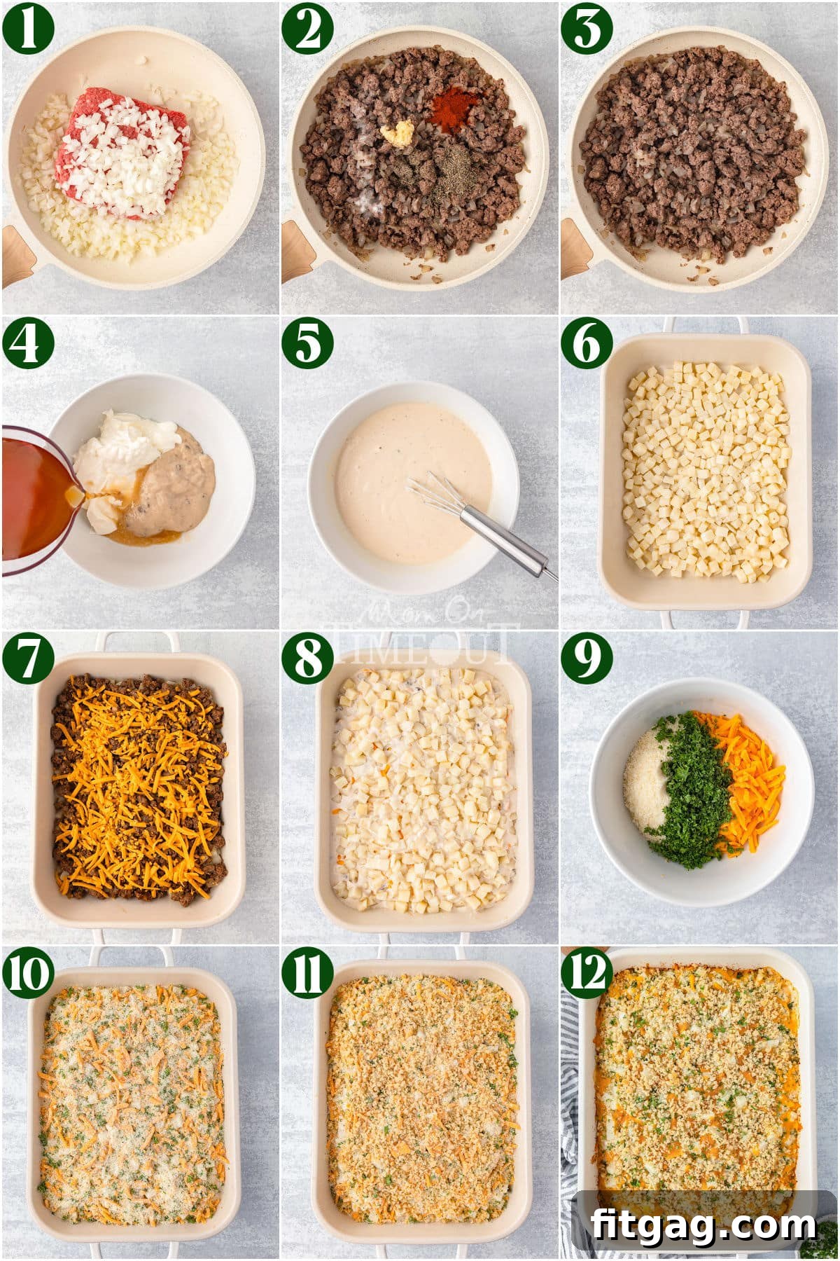 Hearty Beef Bake 5 A twelve-image collage showcasing the step-by-step process of making the ground beef casserole.