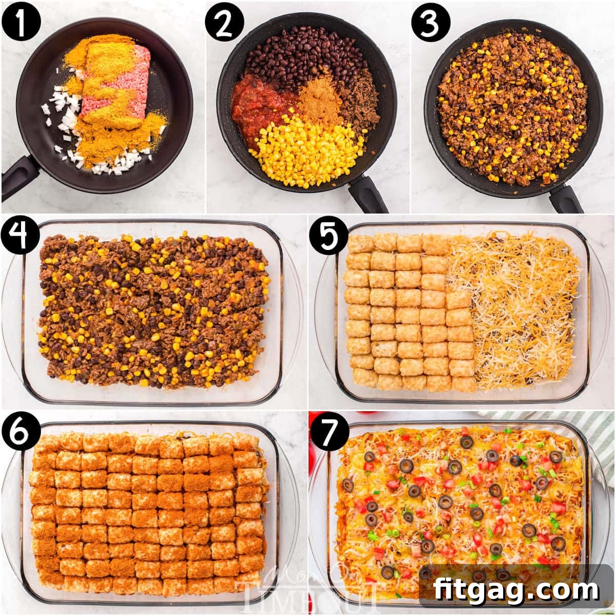 A collage of process shots for making mexican tater tot casserole.