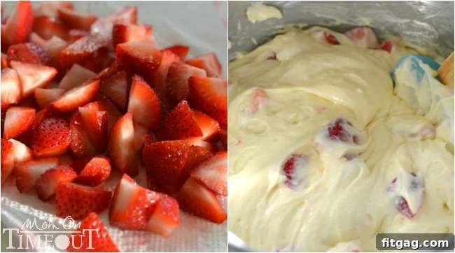 Strawberry Muffin batter with fresh chopped strawberries folded in, ready for baking
