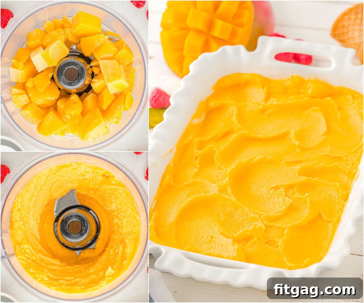 A collage of three images showing the step-by-step process of making mango sorbet: blending ingredients in a food processor, the smooth consistency, and the final scooped product.