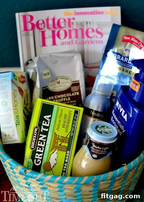 Mother's Day Gift Basket Idea: Homemade Coffee Scrub & More Thoughtful Mother's Day gift basket featuring homemade coffee scrub, chocolate, tea, and other self-care items
