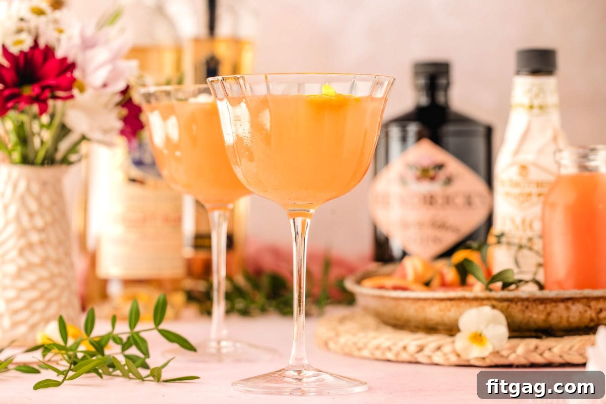 A wide shot showcasing two elegant coupe glasses filled with French Blonde Cocktails, with the ingredient bottles artfully blurred in the background, hinting at the components of this exquisite drink.