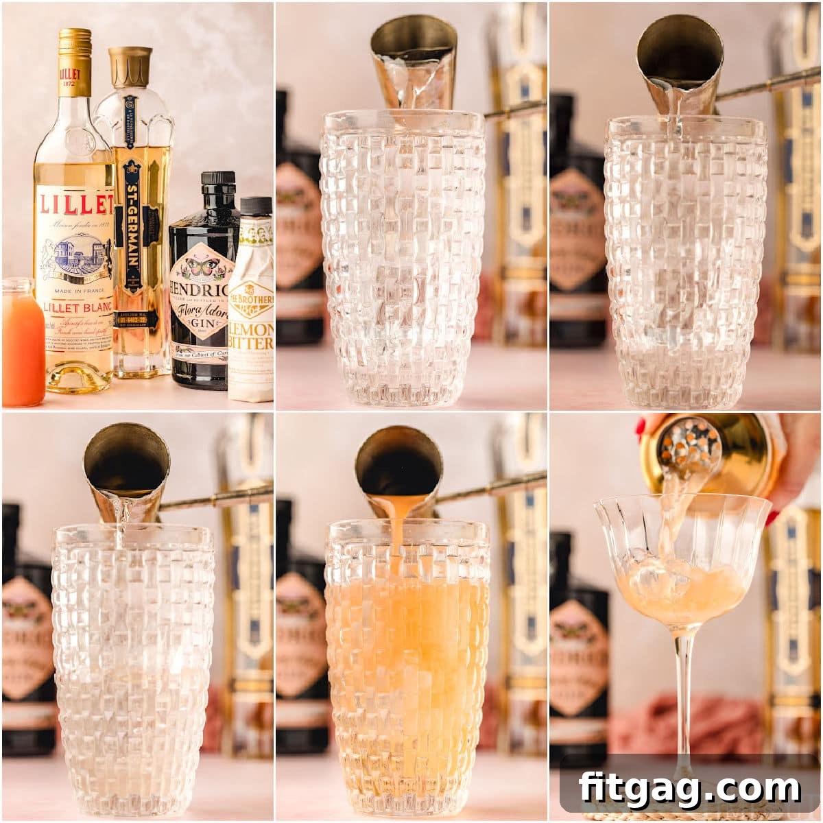 A visual collage illustrating the simple step-by-step process of making a French Blonde Cocktail, from mixing ingredients in a shaker to serving in a garnished glass.